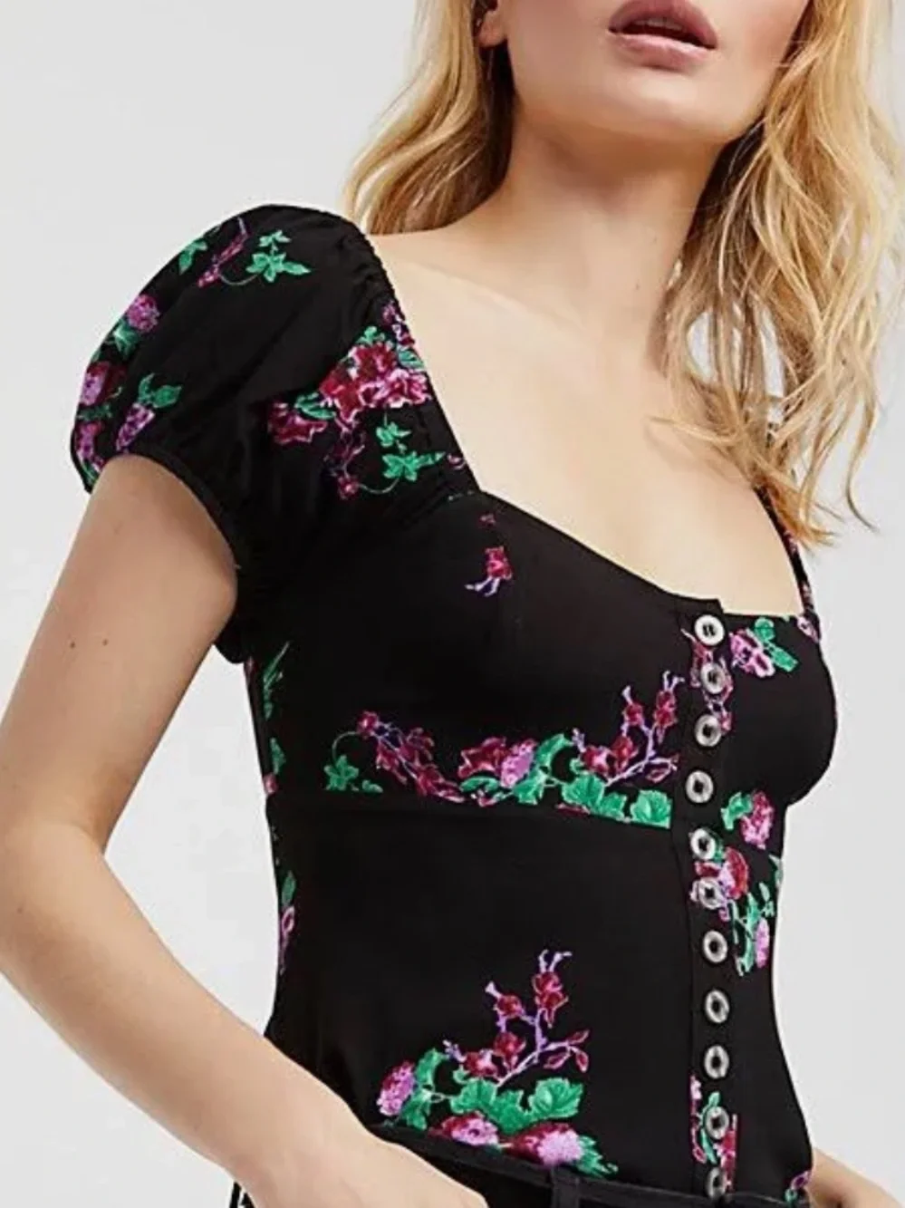 Free people puff sleeve Black Floral Button-Front Women's Top